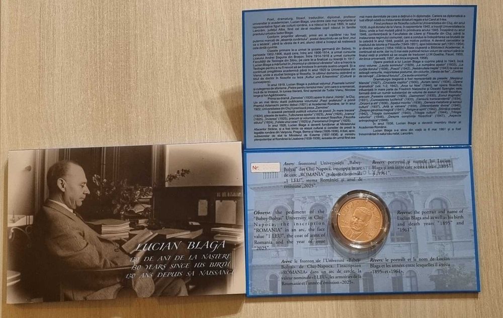 Moneda BNR 1 Leu tombac Lucian Blaga