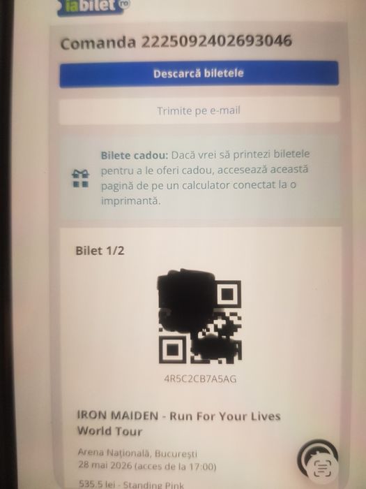 2 bilete la concertul Iron Maiden  Bucuresti