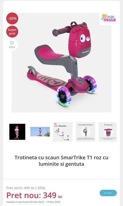 Trotineta cu scaun SmarTrike T1 roz cu luminite si gentuta