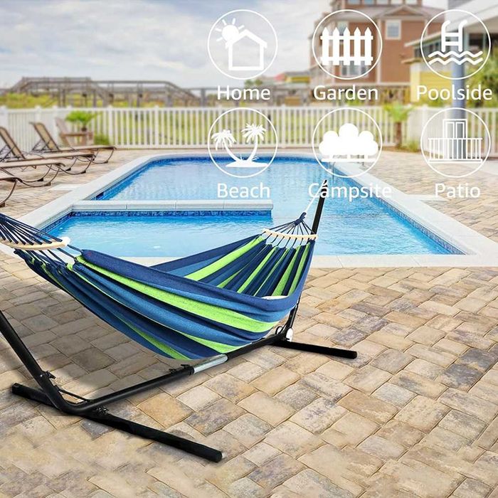 Hamac dublu 200 x 150 cm, capacitate maxima 200 kg,  material textil bumbac sac-fata perna. Pret 50 lei.