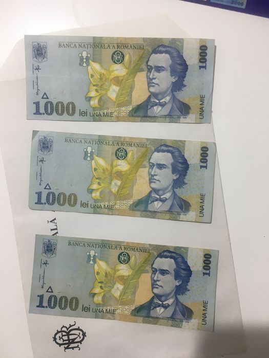 Bancnota 5000 Lei Lucian Blaga serie A ca noua si 3 de 1000 Lei