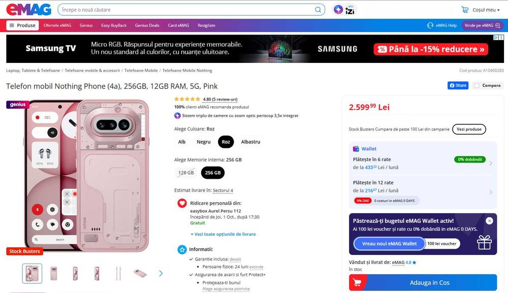 Telefon mobil Nothing Phone 4A, 256GB, 12GB RAM, 5G, Pink, garantie