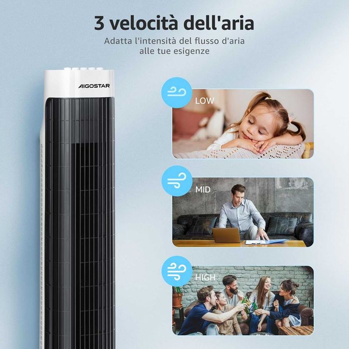 Ventilator turn Aigostar Ben 33JTS digital cu temporizator, 3 trepte de viteza, motor de 45 w, oscilatie automata de 85 grade