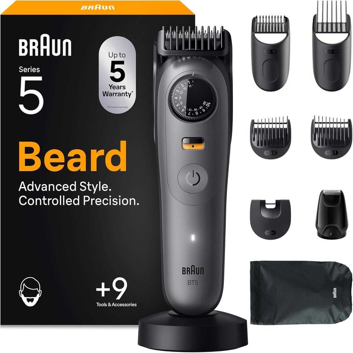 ПРОМО Нов 2г Гаранция Водоустойчив Тример за Брада Braun Beard Trimmer Seria 5 BT5560, до 120 мин. Работа