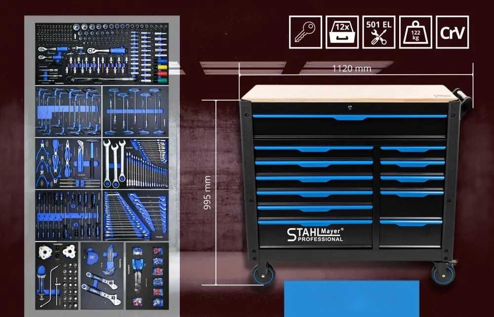Професионален шкаф с инструменти 12 чекмеджета 501 части StahlMayer