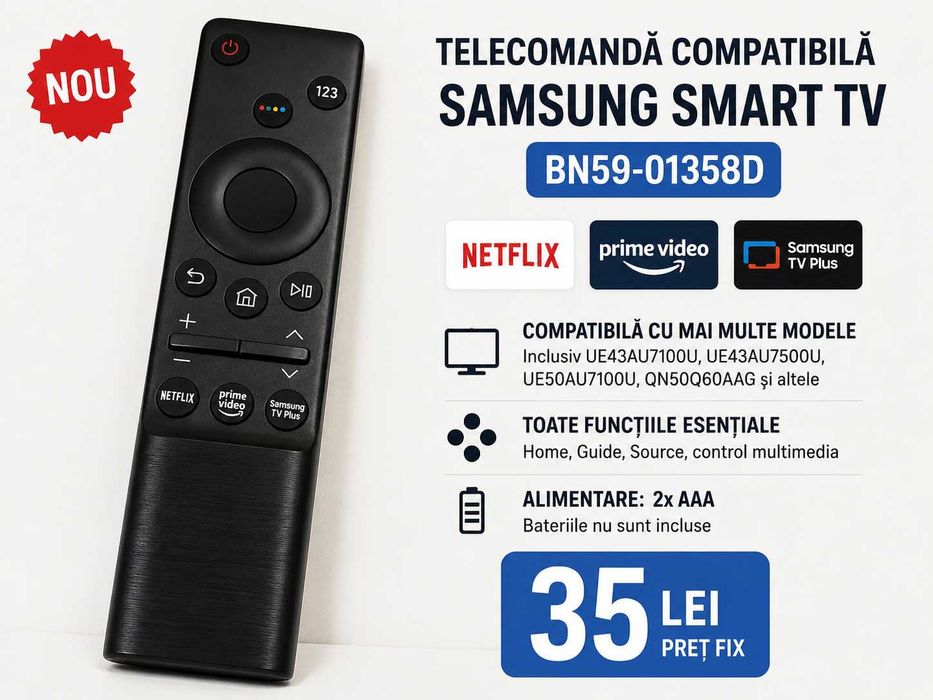 Telecomandă compatibilă Samsung Smart TV BN59-01358D, nouă, Netflix Prime Video TV Plus