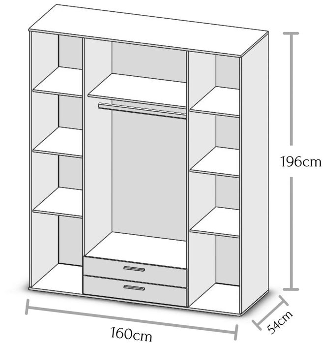 Dulap, alb, 4 uși, cu rafturi și sertare, 159×196 cm