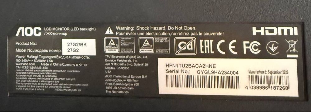 Продается Б/У мониторы AOC 27" 75 Гц и Аsus TUF Gaming 27"