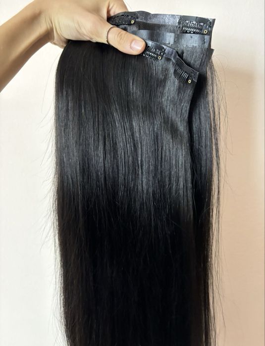 Естествена коса 100% , черна екстеншъни, удължения с щипки 200гр 60см