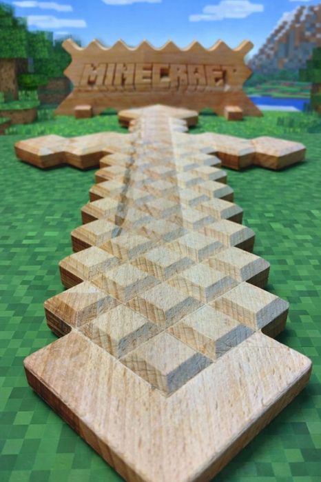 Set copii Minecraft, "Diamond Sword and Axe", lemn masiv, cu suport