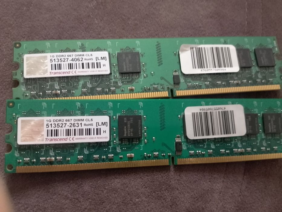 2 планки оперативной памяти Transcend 1GB DDR2 667 DIMM CL5.