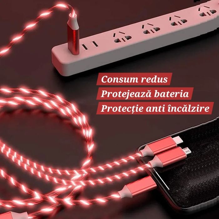 Cablu încărcare 3in1 Luminos. UsbC/IOS/Micro. Efect Valuri. Auto/Casă.