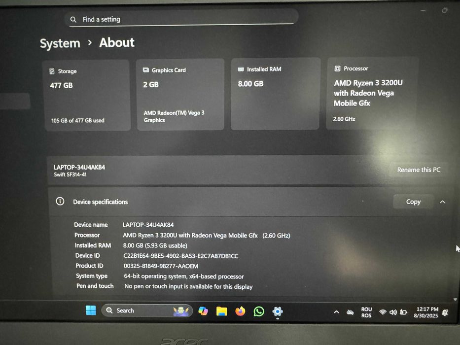 Acer Swift 3 14" Ryzen 3 3200u / 8GB RAM / 512 SSD