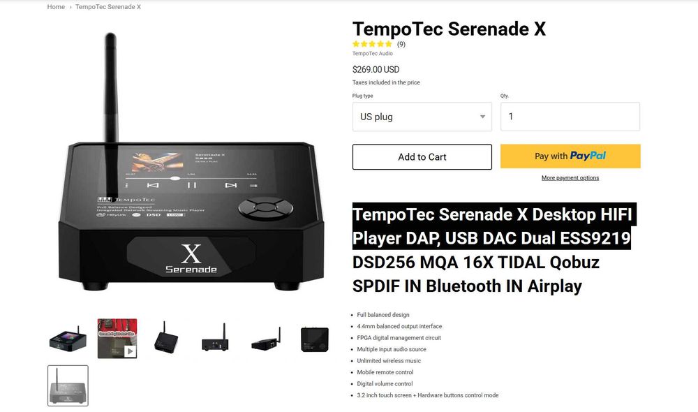 TempoTec Serenade X Desktop HIFI Player DAP, USB DAC Dual ESS9219