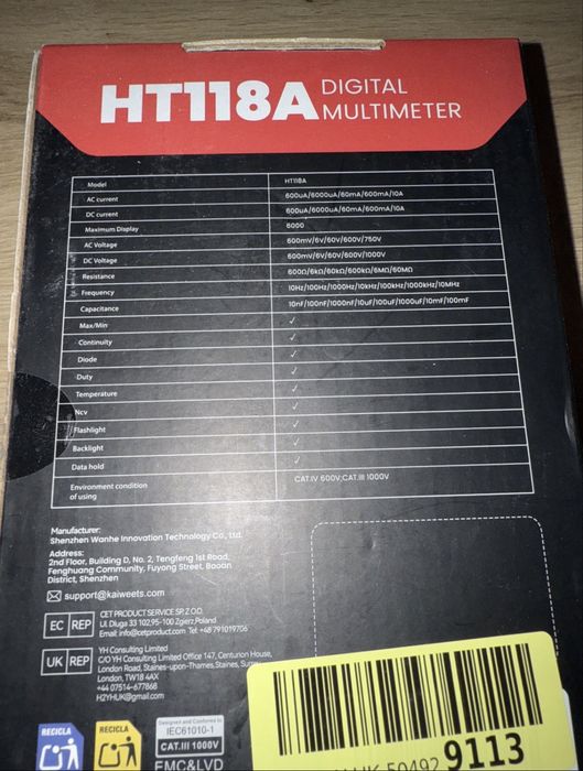 Incarcator Kaiweets HT118A Multimetru Digital True RMS 6000 Counts Tester Voltmetru Ampermetru Ohmmetru NCV Auto Range Profesional