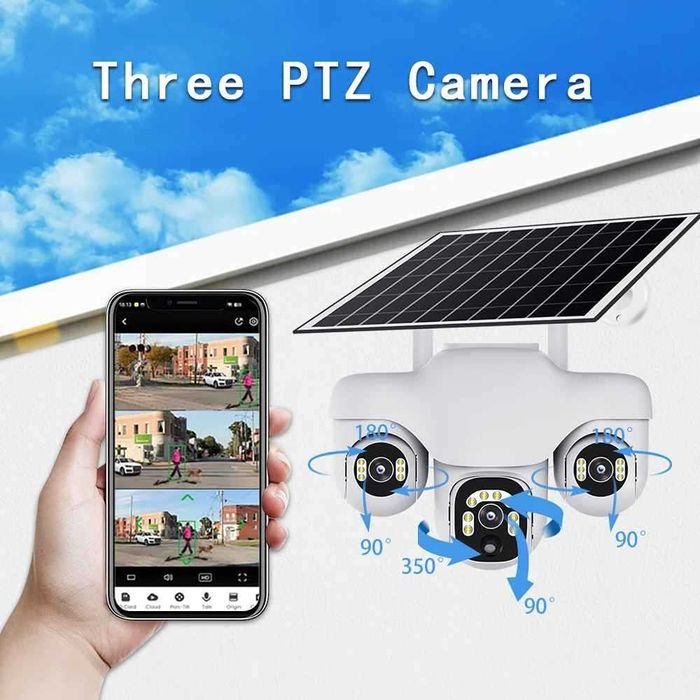 12 MP 3-обективна PTZ соларна камера с нощно виждане, разпознаване на хора, LTE 4G или WIFI карта памет и двупосочно аудио