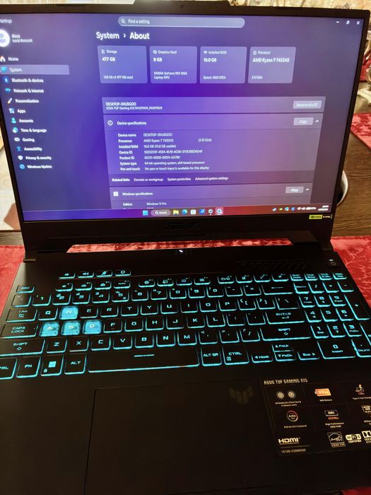 Laptop Asus tuf PRO Gaming RTX 4060 140W Ryzen 7 RAM 16gb ddr5 Garantie 03.10.2026 factura , impecabil