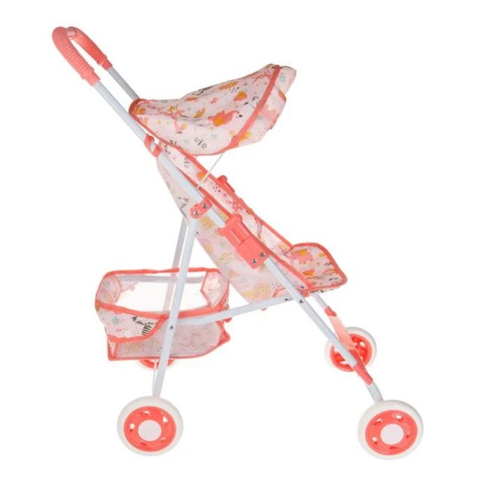 Количка за кукла тип бастун, розово-оранжева с животни