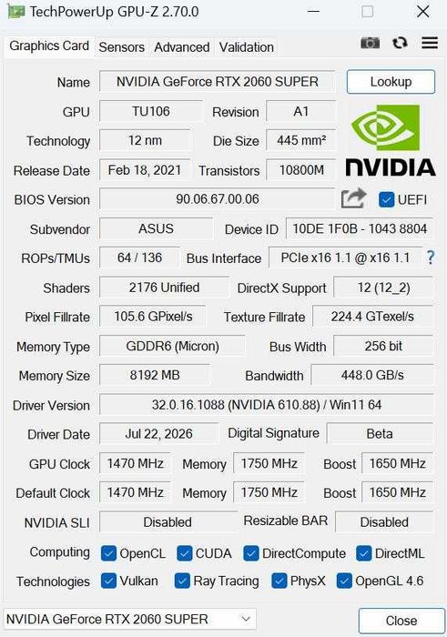 ASUS CMP40HX 8GB GDDR6 256Bit  аналог RTX 2060 Super