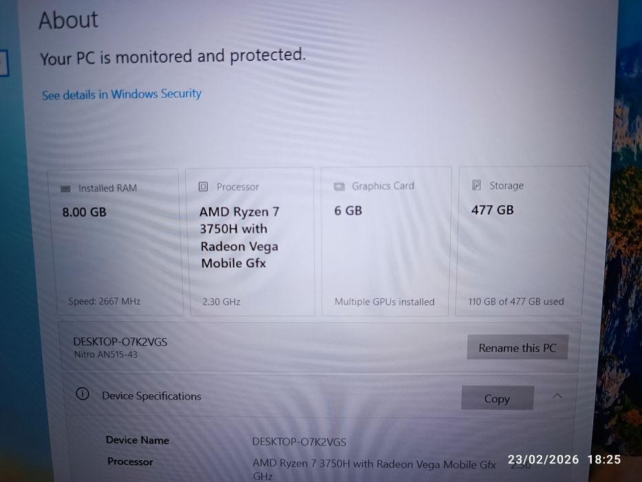 Acer Nitro gaming 15,6"IPS 120Hz Ryzen7 8Gb GTX