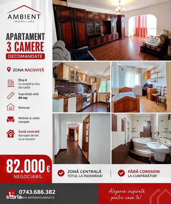 Apartament cu 3 camere, mobilat și utilat, VASLUI - zona CENTRU;