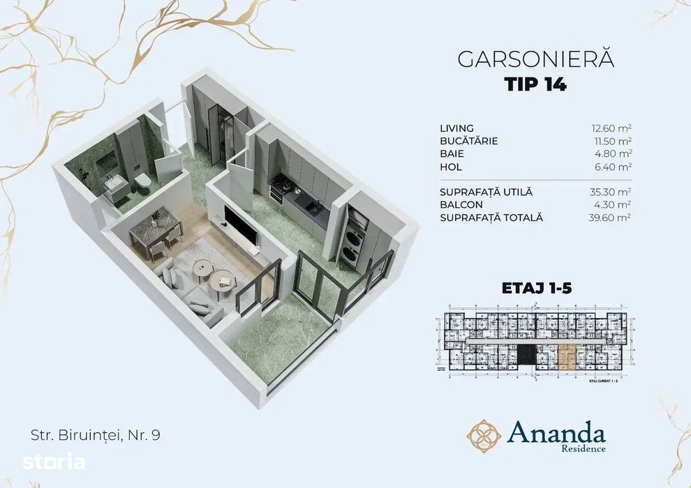 Garsoniera| Încălzire în pardoseală | Ananda Residence