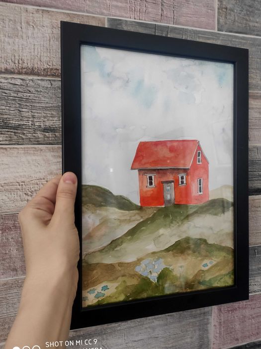 Нова картина с рамка ръчно рисувана акварел червена планинска къща