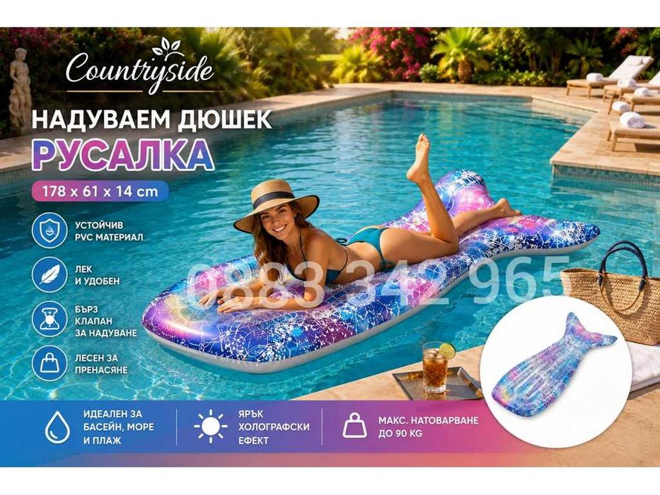 НОВИ! Надуваем дюшек Русалка 178см до 100кг