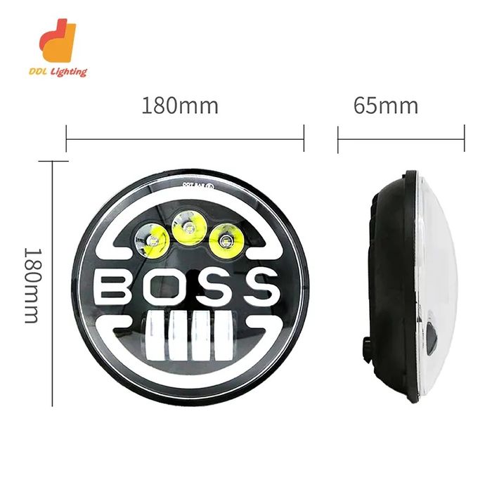 Faruri LED 7 Inch 18 cm - Model BOSS cu Inel DRL Dual si Text Rosu 12 - 24V
