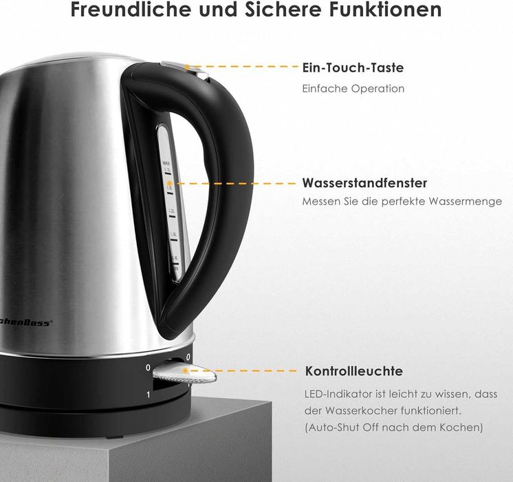 Електрическа кана KitchenBoss от неръждаема стомана 1.7 л: Електрическа кана 2100 W, с подвижен филтър, индикатор за нивото на водата