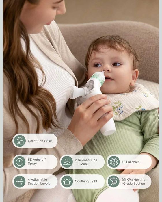 Momcozy BreezyClear™ акумулаторен назален аспиратор 2 в 1 със спрей и засмукване,медицински клас,нов