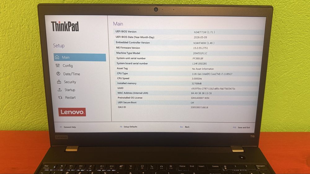 Thinkpad T15 Gen 2i, core I7-1185G7, 32 GB RAM, 512 GB NVME Samsung