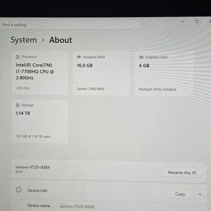 Геймърски лаптоп Lenovo Legion Y520 GTX 1060 6GB i7 7700HQ 16 Ram
