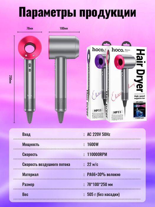 Hoco HP10/HP11/HP12 DYSON Высокоскоростной фен с отрицательными ионами