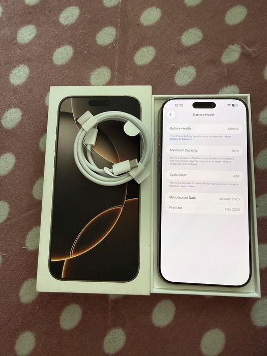 Iphone 16 pro max 256 gb Desert Titanum battery 93% Ползван е 8 мсеца в много добро състояние !