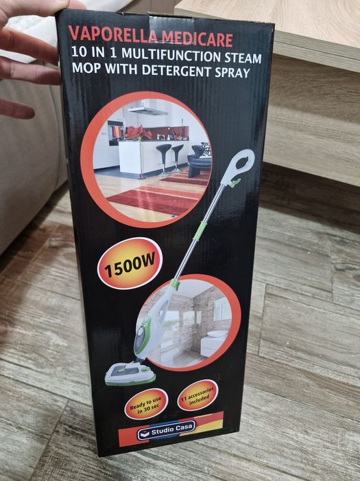 Mop cu aburi 10 in 1 Studio Casa Vaporella 0.4 l, 1500 W, 3,5 bari, Alb/Verde