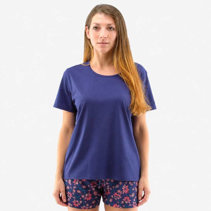 Gina Pijama dama din bumbac, tricou cu maneca scurta si pantaloni scurti cu imprimeu floral, albastru, marimea XL