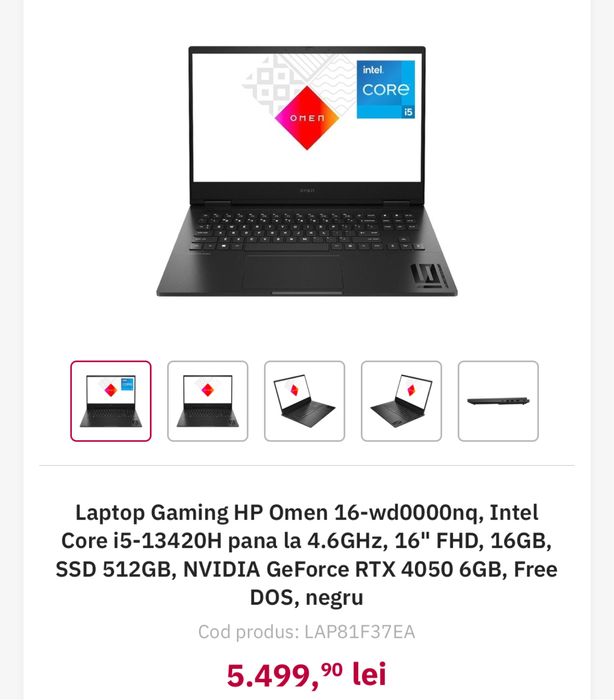 Laptop Gaming HP Omen 16, Intel Core i5 13420H 4.6GHz 16GB, SSD 512GB