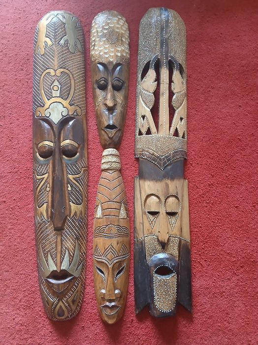 Set 4 Măști Totem Gigant (1m) și Medii – Sculptură manuală lemn, model Elephant & Gecko