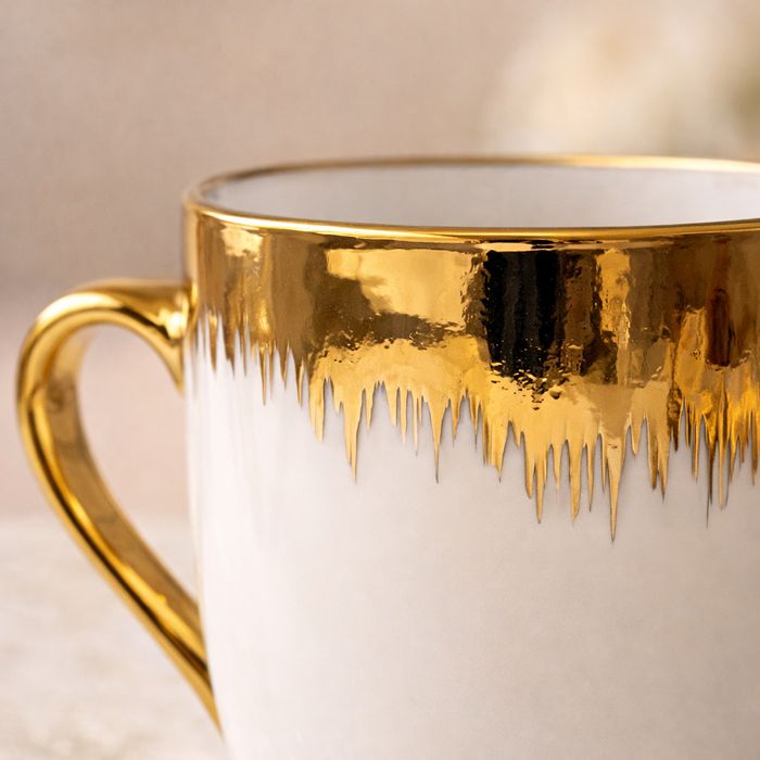 Set cani cafea 6 bucati, ceramica alb cu auriu, design elegant, finisaj lucios, ideale pentru espresso, cafea si cadou