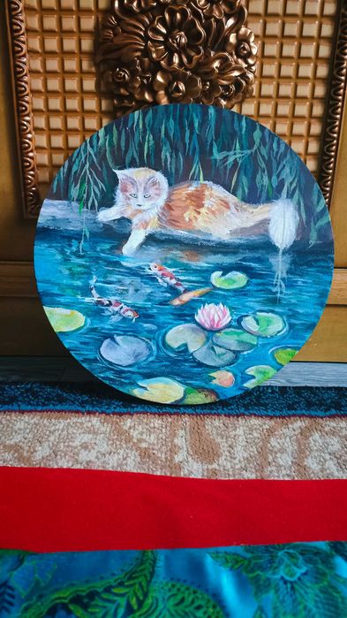 Картина кошка на пруду