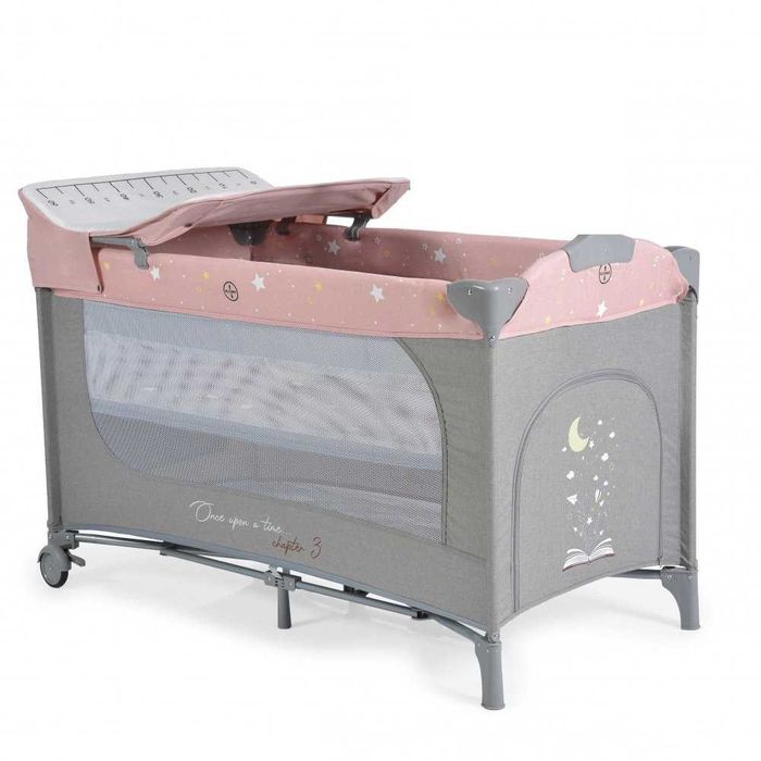 Patut pentru copii Cangaroo Once upon a time L3 Pink pliabil, cu 2 nivele, roti, usita cu fermoar, masuta de infasat, geanta de transport