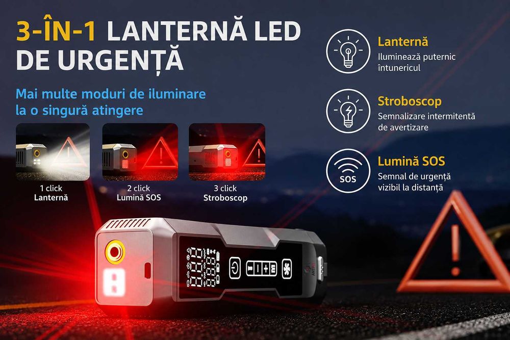 Compresor si Aspirator Auto 5 in 1 ANTPiT fara fir, Starter, Lanterna, Lumina SOS, 10 Bar, Baterie 6000mAh, Portabil, Gri