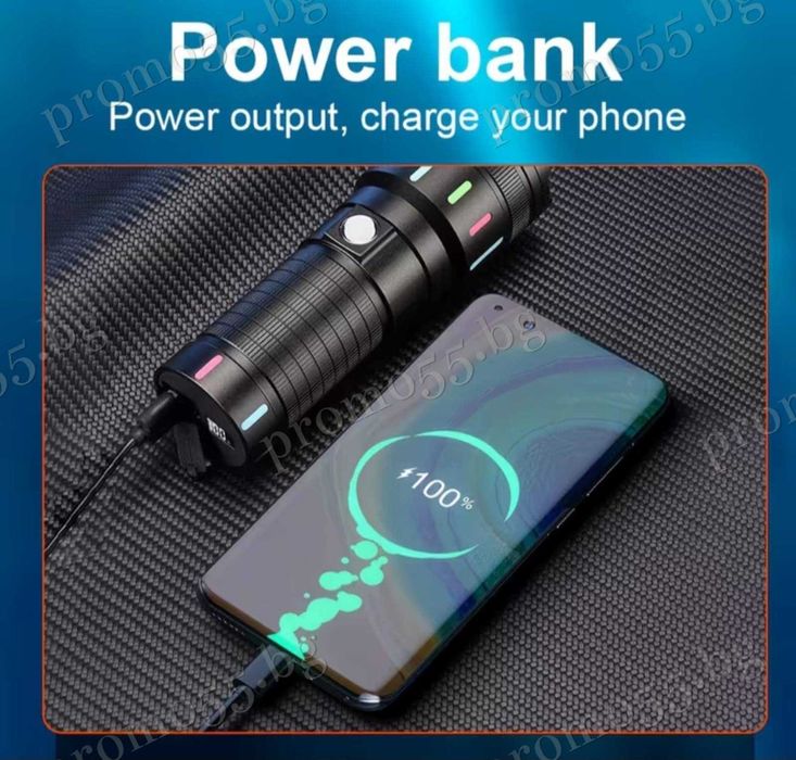 Мощен алуминиев фенер с лазерна светлина 4 режима и функция Power bank