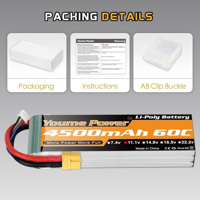 Youme 11.1V LiPo Battery, 3S RC Lipo Batteries 4500mAh 60C