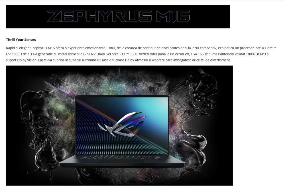 Laptop Gaming ASUS ROG Zephyrus M16 OLED GU603,Intel i9-11900H,Sigilat