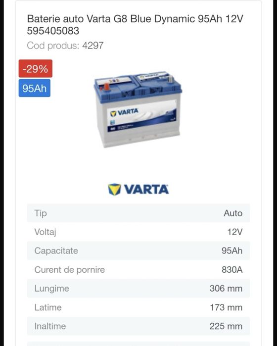 Baterie auto Varta G8 95ah 12v blue dynamic