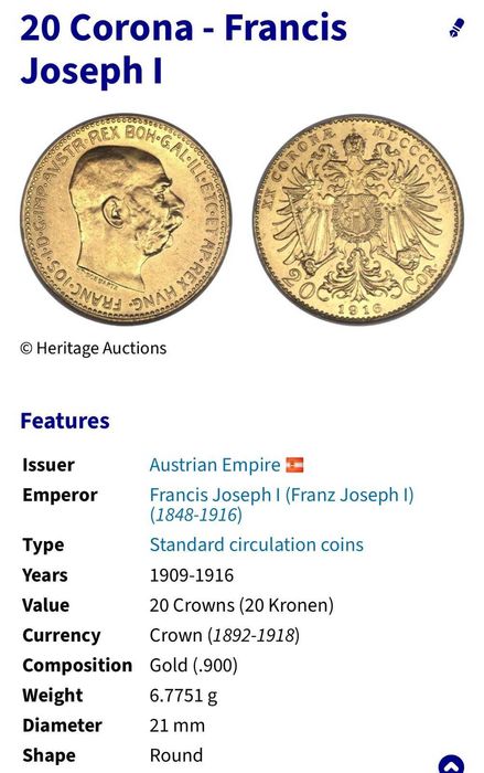 MONEDA AUR 900 - 20 CORONA 1915 - Austria - Francis Joseph I - 6.77g !