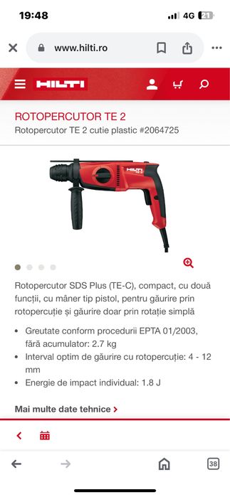 Bormasina Hilti TE 2 S-Noua in cutie