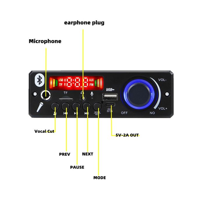 Mp3 player 2*80W с Блутут 5.0, DC 8V-24V, ,Tf card, папки, Fm,6.35